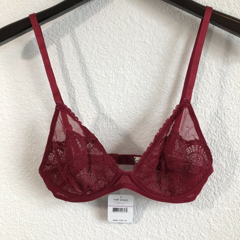 NEW! FREE PEOPLE INTIMATELY triangle underwire berry wine red lacie lace bra - Picture 5 of 6
